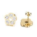 Titanium steel gold flower stud earrings with white rhinestones on a white background - Gold Earrings