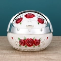 White ceramic ashtray with red rose relief, silver metal rim and lid for home decor - Silver White Red Rose