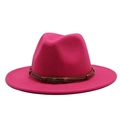 Rose red wool jazz fedora hat featuring a brown leather band and skull buckle decoration - One Size 58cm / Rose Red