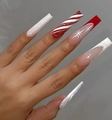 Detailed view of long coffin nails featuring red snowflakes and festive white glitter patterns - Christmas Red and White Snowflake Style (AW517)