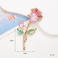 Pink enamel rose brooch with white rhinestones and gold stem, size 82mm x 34mm - D707 Long Rose Pink