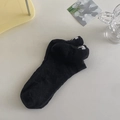 Black low cut ankle socks with white bow embroidery on the heel, sweet style cotton fabric - One Size / Black