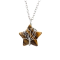 Macro shot of tiger eye star pendant with silver tree of life wire wrapping - Silver + Tiger's Eye