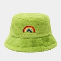 Close-up of vibrant rainbow embroidery on a fuzzy neon green plush bucket hat - One Size / Yellow-Green