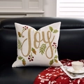 White Christmas Joy cushion cover with gold leaf embroidery on black leather sofa - White JOY Embroidery/White