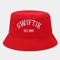 Detail of red Swiftie bucket hat featuring white 3D embroidery and EST. 1989 lettering - M (56-58cm) / Red