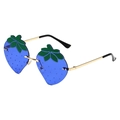 Frameless strawberry shaped sunglasses with blue lenses and green leaf accents - Gold Frame Dark Blue Lens
