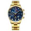 Reloj de negocios para hombre con correa de acero dorada, esfera azul y calendario - Esfera Azul Agujas Doradas Caja Dorada