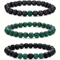 Detailed view of beaded bracelets with malachite, lava rock and matte black stones - Malachite Matte Black Lava