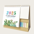 Calendrier de bureau 2025 avec support kraft, décor cactus et blocs-notes de couleur - K02 Plante porte-bonheur avec notes autocollantes 2026.7-2027.12