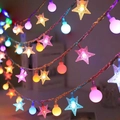 Solar outdoor star and globe LED string lights with warm colorful festive glow - Stars + Small Round Balls (colorful) / Battery Steady (1.5m 10LED)