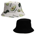 Reversible bucket hat with white avocado print and classic solid black design - Style 1-White Avocado Bucket Hat