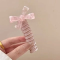 Pink heart bow spiral hair tie made of premium resin for ponytail styling - Cherry Pink [Candy Bow]
