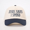 Detail of Jesus Saves I Spend navy embroidery on cream and blue baseball cap - One Size / Cream/Navy Blue