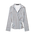 Women's blue and brown plaid poplin wrap shirt with long sleeves and side button closure - XS / Light Blue Plaid