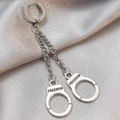 Silver cross earring with hanging chains and freedom-engraved handcuffs pendant - Handcuff Pendant Long Chain Hoop