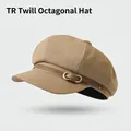 Classic khaki TR twill newsboy cap for women with faux leather strap and metal buckle - One Size / Bow Leather Buckle-Khaki