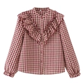 Camicia scozzese rossa da donna con volant a forma di V e collo alla coreana - XS / Quadretti Rossi
