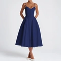 Elegant navy blue V-neck spaghetti strap pleated A-line dress for women - XS / Navy Blue