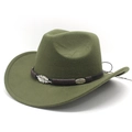 Detail of olive green fedora hat featuring brown leather band and metal leaf ornaments - Army Green