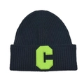 Navy blue ribbed knit beanie featuring a vibrant green letter C patch for winter warmth - Black & Green