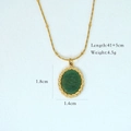 Close-up of 14K gold stainless steel necklace with green stone pendant and dimensions - Woven Oval Style (1172)