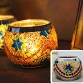 Mosaic glass candle holder with star patterns in gold, blue and red finishes - Orange Ribbon