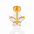 Détail du piercing papillon G23 en titane doré avec ailes en zircon sur fond blanc - Or / Épaisseur De La Tige * Longueur De La Tige 12 X 8 Mm