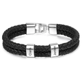 Detail of double-layer black leather bracelet with custom engraved stainless steel beads - 2 Names (Steel Buckle-2) / 19cm