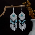 Bohemian silver earrings with blue beads and feather tassels on a natural branch - Blue Silver (E4103-2)