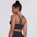 Detail of black sports bra with criss-cross back straps and elastic supportive fabric - Black