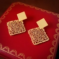 Detailed close-up of golden square mesh earrings on a luxury jewelry box - Gold Mesh Square Style (HE16925)