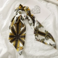 Satin ponytail scrunchie with long streamers in yellow and brown paisley print - Yellow Square Floral