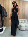 Detail of black halter neck jumpsuit featuring a criss-cross waist cutout and wide-leg design - S / Black