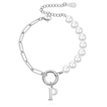 Imitation pearl and paperclip chain bracelet with a gold-plated letter P pendant - Silver-Letter P
