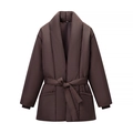 Women's dark brown tie-waist padded jacket with large lapels and mid-length windproof design - S / Dark Brown