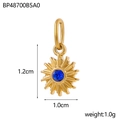 Detailed view of sun-shaped gold pendant with blue gemstone inlay and size dimensions - Sun Pendant - Gold With Lake Blue Zirconia