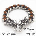 Men's double dragon head curb chain bracelet with woven brown leather and black cord - Silver Double Dragon Style (KB44131-D)