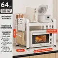 Double-tier white kitchen microwave rack with adjustable height and utility hooks - 2-Tier Fixed-64cm-Cream White-Full Accessory Set