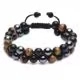 Herren Armband aus Tigerauge und Hämatit Perlen mit verstellbarem Kordelzug - 3-in-1 zweireihiger Stil / Tigerstein + Mattschwarz + Schwarzer Achat