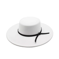 Elegant white flat top wool boater hat with black ribbon detail on white background - M (56-58cm) / White