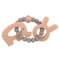 Elephant and rabbit beech wood teethers with dark grey silicone beaded ring set - Dark Taupe