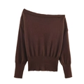 Minimalist off-the-shoulder long sleeve knit sweater in dark brown with ribbed cuffs - S / Coffee