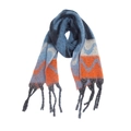 Close-up of thick mohair-like scarf with blue and orange wave patterns and tassels - Navy Blue
