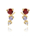 Elegant gold drop earrings featuring red, purple and clear cubic zirconia stones - MAE039 Gold 3-Stone Red/Purple