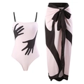 Three-piece bikini set with abstract hand print and matching wrap skirt in light pink - Palm Series
