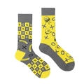 Asymmetric crew socks in yellow and grey with jacquard checkerboard and cartoon motifs - Yellow Grey Grid Dog