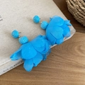 Blue chiffon flower tassel earrings with woven beads and silver needles for women - 72# Silver Pin Bright Blue Chiffon Petals Woven Ball Style Blue