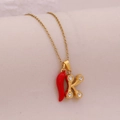 Gold stainless steel necklace with red chili pendant and crystal letter K charm - Letter K(K)