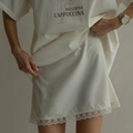 Cremeweißes T-Shirt und Unterrock-Set mit Ballerina-Druck und edlem Spitzenbesatz am Saum - L / Weiß